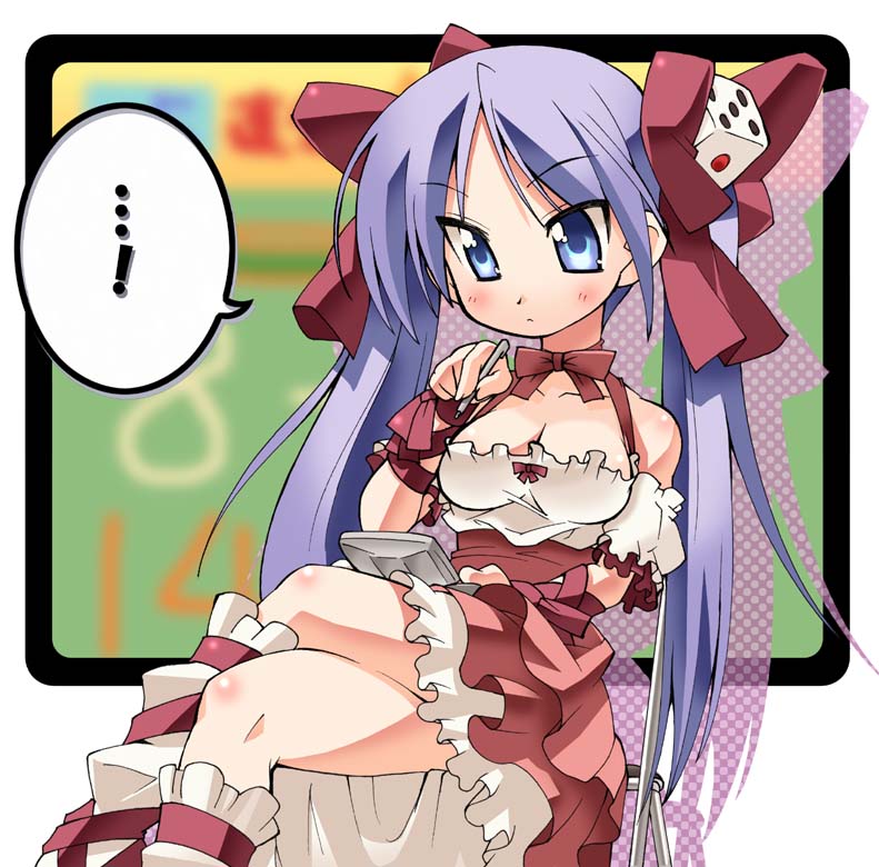 shinozuka atsuto, hiiragi kagami, usada hikaru, di gi charat, lucky star, 1girl, blue eyes, blue hair, breasts, cleavage, cosplay, crossover, dice, dress, female focus, hair ribbon, halter dress, halterneck, handheld game console, matching hair/eyes, nintendo ds, playing games, purple hair, ribbon, sitting, solo, twintails, usada hikaru (cosplay), video game