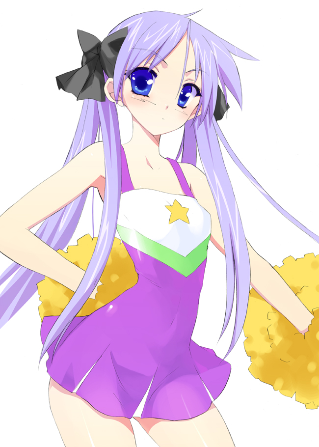 kusaka souji, hiiragi kagami, lucky star, 00s, 1girl, blue eyes, blue hair, blush, bow, cheerleader, cowboy shot, female focus, flat chest, hair between eyes, hair bow, legs apart, long hair, matching hair/eyes, pom pom (cheerleading), purple hair, simple background, solo, twintails, very long hair, white background