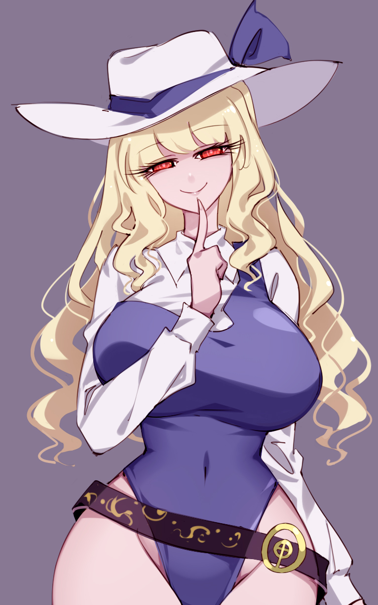 raptor7, watatsuki no toyohime, fossilized wonders, touhou, highres, 1girl, belt, blonde hair, hat, leotard, long hair, long sleeves, open mouth, ribbon, simple background, smile, solo, yellow eyes