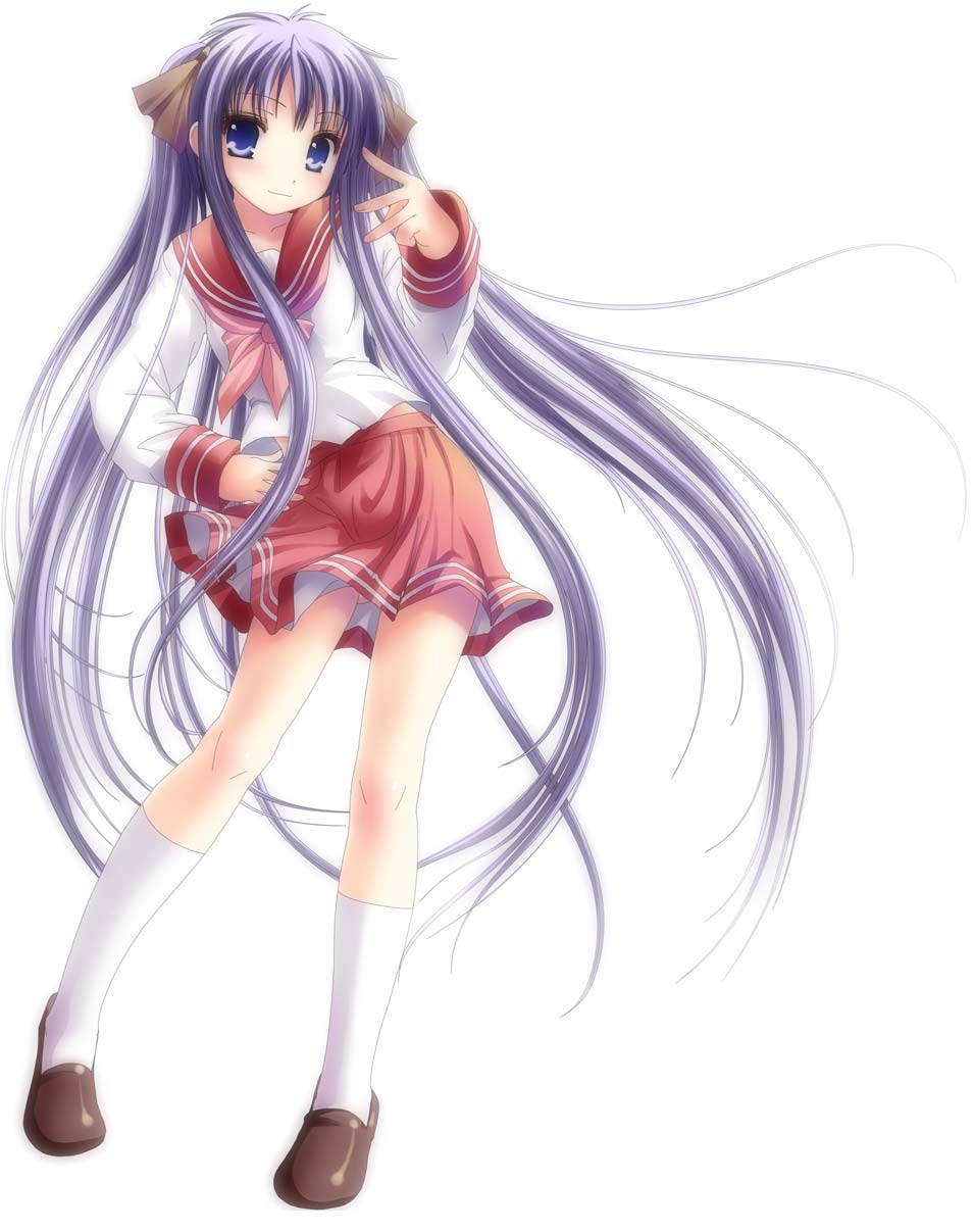 namamo nanase, hiiragi kagami, lucky star, highres, 00s, 1girl, blue eyes, female focus, hair ribbon, long hair, purple hair, ribbon, school uniform, serafuku, smile, solo, twintails