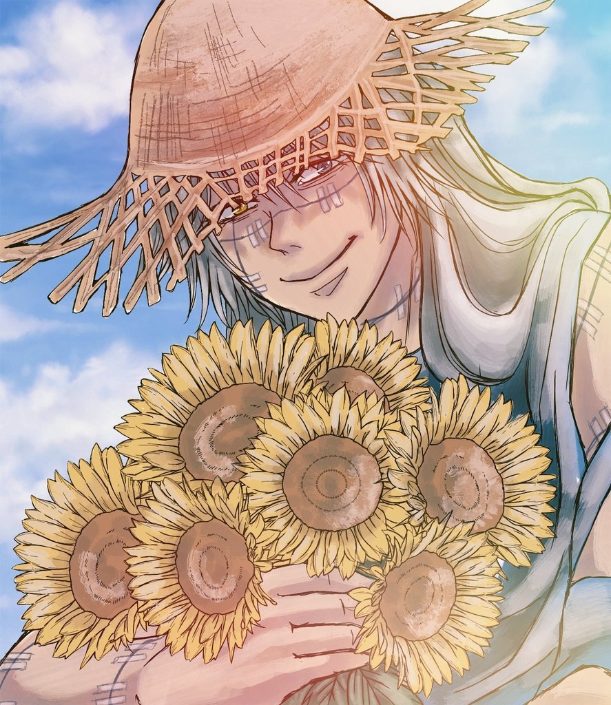 ivii3, mahito (jujutsu kaisen), jujutsu kaisen, 1boy, blue eyes, blue hair, cloud, cloudy sky, flower, hat, heterochromia, holding, holding flower, long hair, male focus, sky, smile, solo, stitched face, stitches, straw hat, sunflower, upper body, yellow eyes