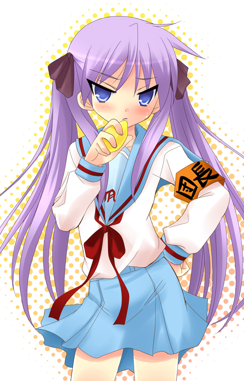 yukizuki chikuba, hiiragi kagami, lucky star, suzumiya haruhi no yuuutsu, 00s, 1girl, armband, blue eyes, blue hair, blue skirt, blush, bow, brown bow, dress, female focus, food, fruit, japanese text, legs, lemon, matching hair/eyes, orange armband, plait, purple hair, red bow, sailor dress, school uniform, serafuku, skirt, solo