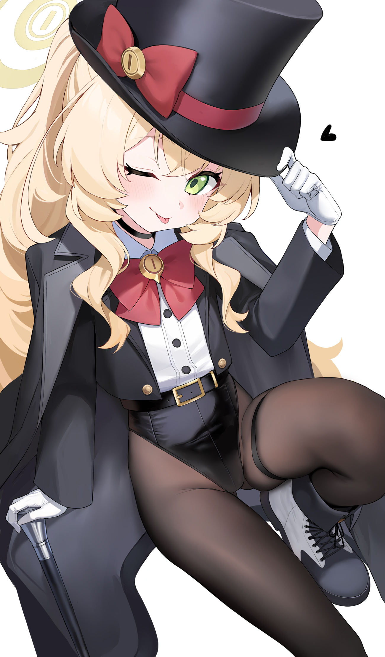 dombear, professor niyaniya (blue archive), blue archive, fluffy hair, bad id, bad twitter id, commentary request, highres, 1girl, alternate costume, belt, belt buckle, black belt, black choker, black coat, black hat, black leotard, black pantyhose, blonde hair, blush, bow, bowtie, buckle, cane, choker, coat, coat on shoulders, gloves, green eyes, halo, hat, hat bow, holding, holding cane, leotard, long hair, long sleeves, looking at viewer, one eye closed, pantyhose, ponytail, red bow, red bowtie, shirt, simple background, smile, solo, tongue, tongue out, top hat, very long hair, white background, white gloves, white shirt, yellow halo