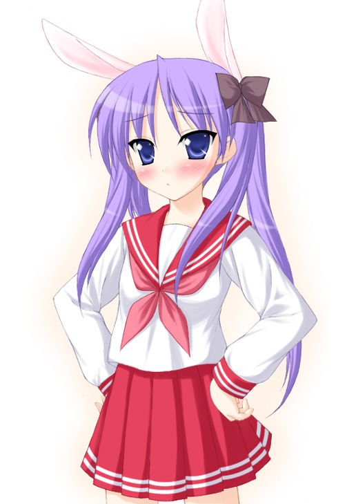 minamori noeru, hiiragi kagami, lucky star, 00s, animal ears, blue eyes, blue hair, rabbit ears, school uniform, serafuku, solo
