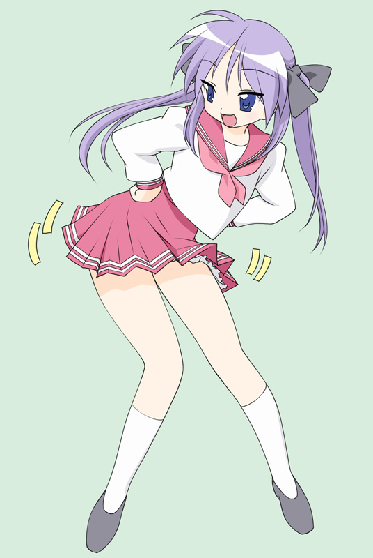 mashue, hiiragi kagami, lucky star, 00s, 1girl, ass shake, blue eyes, blue hair, female focus, legs, lingerie, petticoat, purple hair, school uniform, serafuku, socks, solo, twintails, underwear