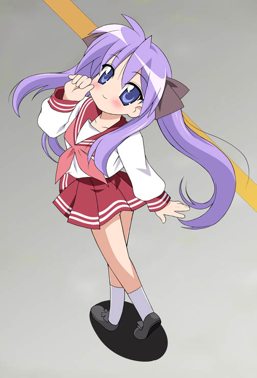 chirorian, hiiragi kagami, lucky star, 00s, 1girl, blue eyes, blue hair, female focus, full body, grey background, kneehighs, loafers, long sleeves, looking at viewer, matching hair/eyes, pink hair, red skirt, sailor collar, school uniform, serafuku, shoes, sidelocks, simple background, skirt, socks, solo, twintails, walking, white socks