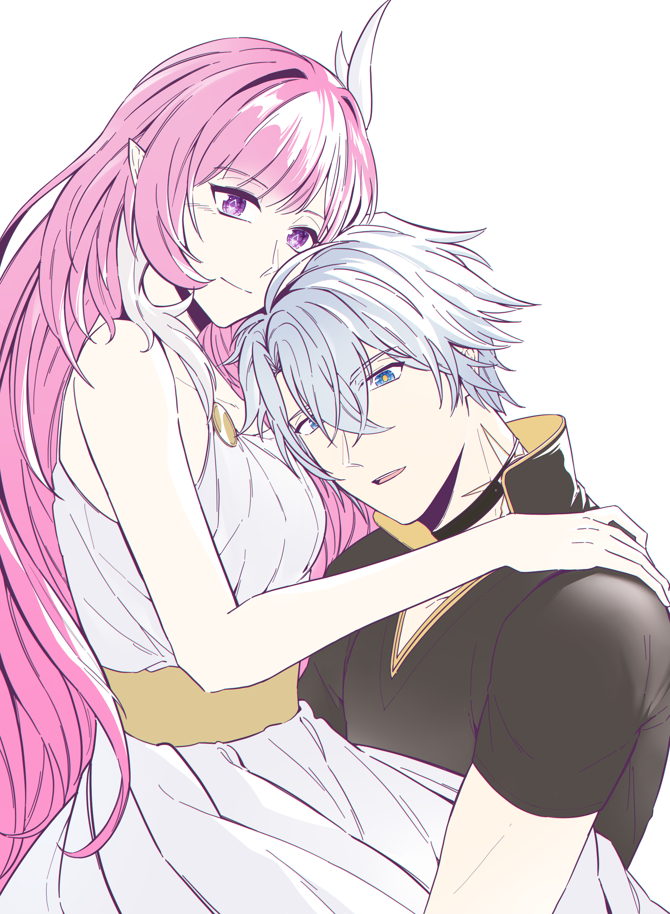 cyrene (honkai: star rail), phainon (honkai: star rail), honkai: star rail, honkai (series), absurdres, chinese commentary, commentary request, highres, 1boy, 1girl, black shirt, blue eyes, breasts, diamond-shaped pupils, diamond (shape), dress, gold tattoo, hair ornament, long hair, m211103, medium breasts, multicolored hair, neck tattoo, parted lips, pink hair, pointy ears, purple eyes, shirt, simple background, symbol-shaped pupils, tattoo, two-tone hair, very long hair, white background, white dress, white hair