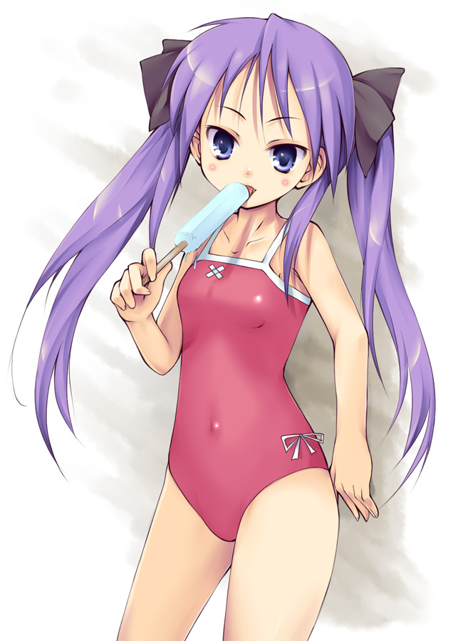 waku, hiiragi kagami, lucky star, 00s, 1girl, blue eyes, blue hair, female focus, flat chest, food, hair ribbon, long hair, matching hair/eyes, one-piece swimsuit, popsicle, purple hair, ribbon, solo, standing, swimsuit, twintails