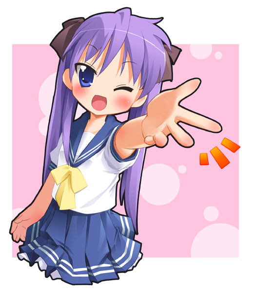 pu-en, hiiragi kagami, lucky star, yellow neckwear, 00s, 1girl, blue eyes, blue hair, blue skirt, blush, bubble background, collarbone, female focus, hair ribbon, long hair, looking at viewer, one eye closed, open mouth, outstretched arm, pink background, purple hair, ribbon, school uniform, serafuku, shirt, short sleeves, skirt, smile, solo, standing, tsurime, twintails, white shirt, wink