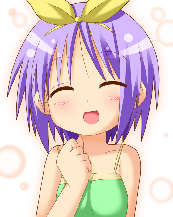 minami (colorful palette), hiiragi tsukasa, lucky star, non-web source, 00s, blue eyes, blue hair, closed eyes, happy, purple hair, ribbon, short hair, solo