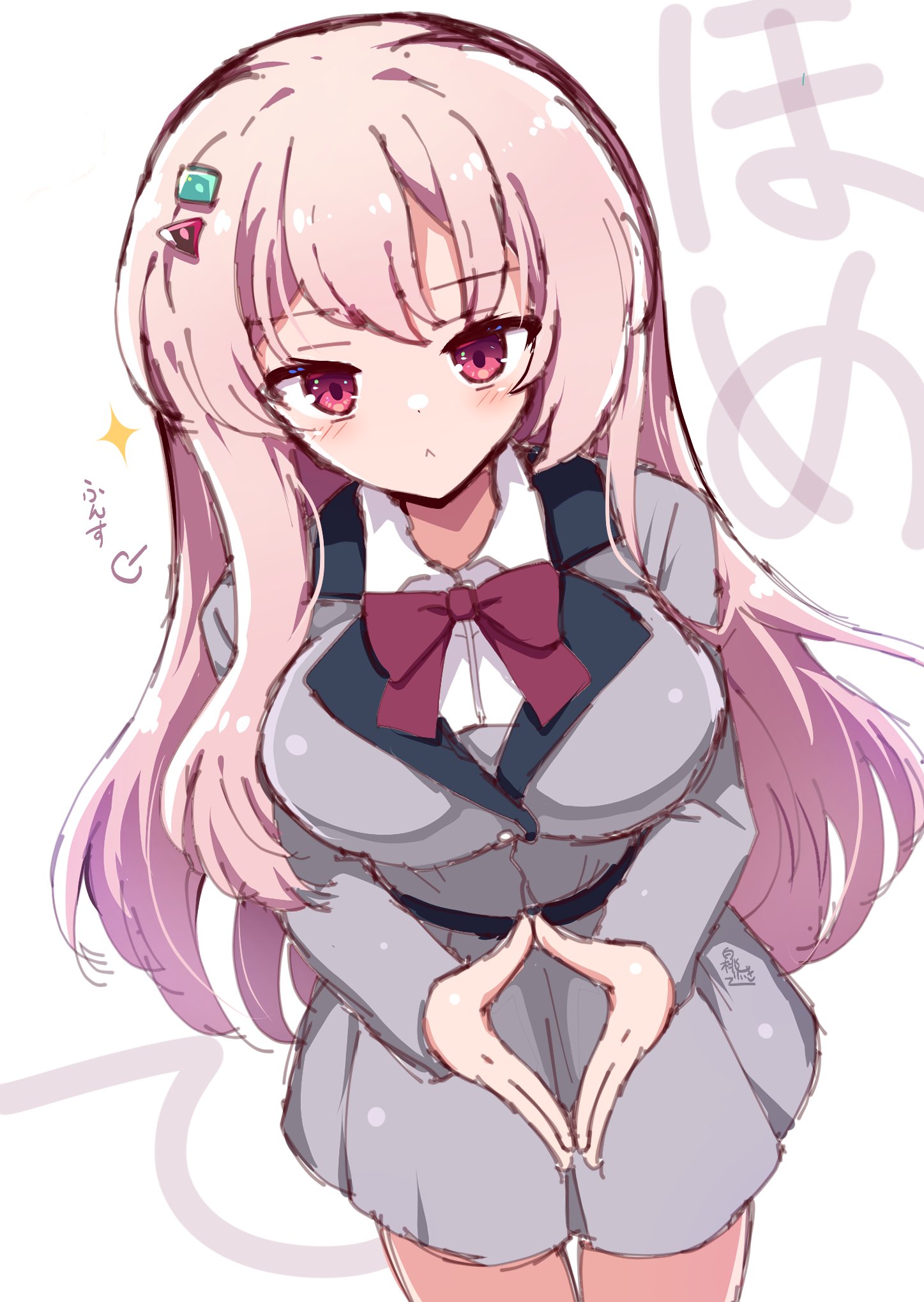 hakutocake, commentary request, highres, translation request, 1girl, :<, blush, bow, bowtie, breasts, closed mouth, collared shirt, cowboy shot, grey jacket, grey skirt, hair between eyes, hair ornament, hairclip, harumi ena, impossible clothes, jacket, large breasts, limelight lemonade jam, long hair, looking at viewer, own hands together, pink hair, puff of air, red bow, red bowtie, red eyes, school uniform, shirt, signature, simple background, sketch, skirt, solo, sparkle, steepled fingers, straight hair, upturned eyes, v arms, very long hair, white background, white shirt