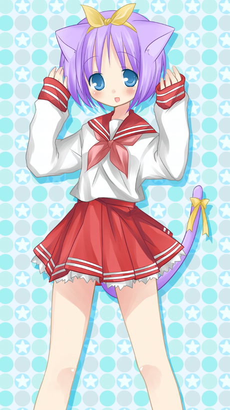 shiratama, shiratama yomogi, hiiragi tsukasa, lucky star, 00s, 1girl, animal ears, blue eyes, blue hair, cat ears, cat tail, female focus, matching hair/eyes, school uniform, serafuku, solo, tail