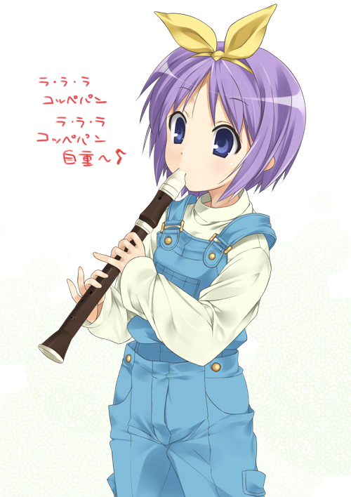 mizuki makoto, hiiragi tsukasa, lucky star, 00s, 1girl, blue eyes, blue hair, female focus, flute, holding, holding flute, holding instrument, instrument, overalls, recorder, solo