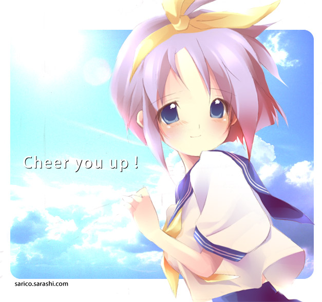 shiratama (shiratamaco), hiiragi tsukasa, lucky star, 00s, 1girl, blue eyes, blue hair, blush, cloud, day, female focus, hair ribbon, matching hair/eyes, purple hair, ribbon, school uniform, serafuku, short hair, sky, smile, solo