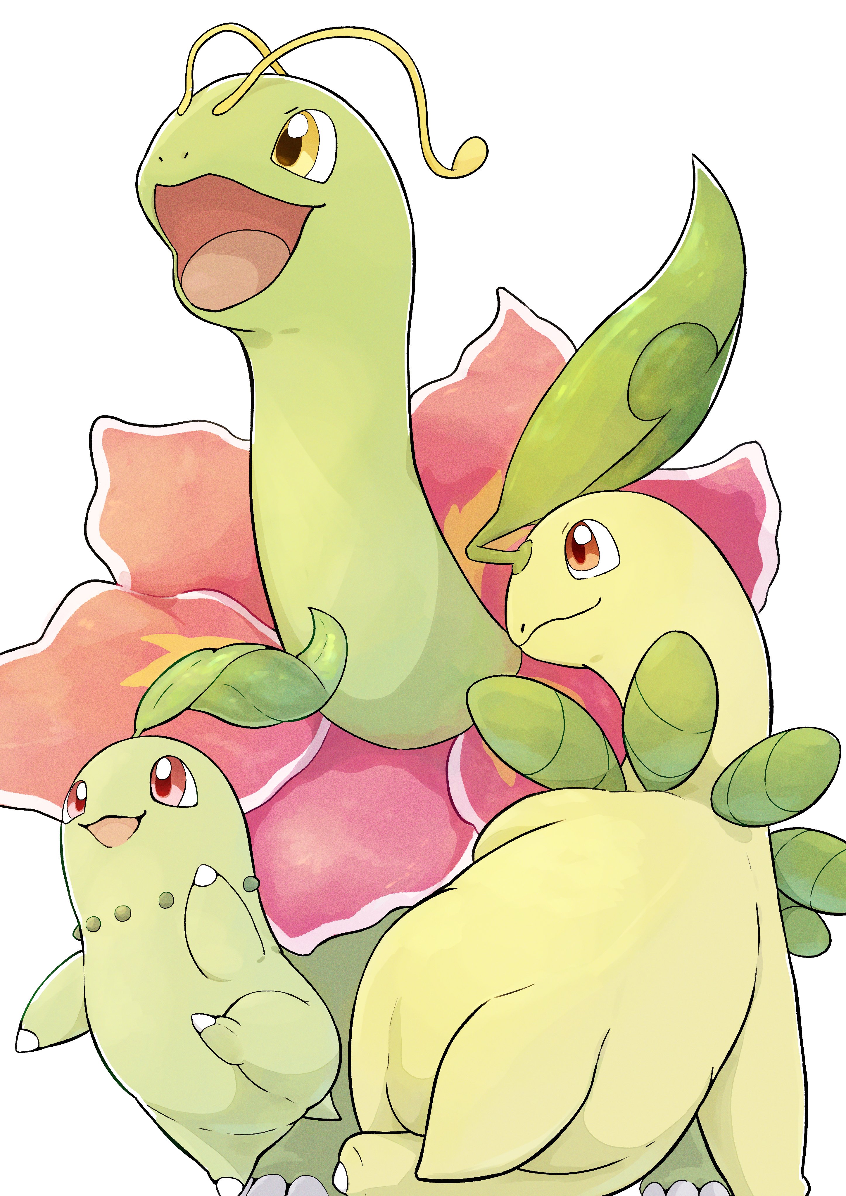 raaaichupudding, bayleef, chikorita, meganium, nintendo, pokemon, absurdres, commentary, highres, symbol-only commentary, closed mouth, gen 2 pokemon, leaf, no humans, open mouth, pokemon (creature), pokemon focus, simple background, smile, white background, yellow eyes