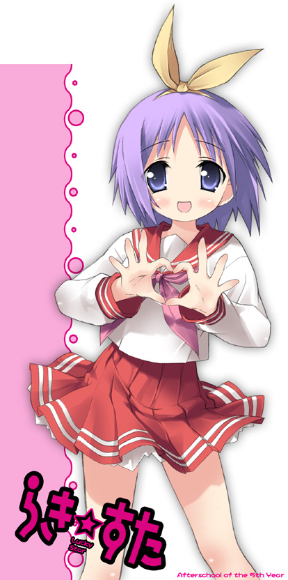 kantoku, hiiragi tsukasa, lucky star, 00s, 1girl, blue eyes, blue hair, female focus, four-finger heart hands, heart, heart hands, open mouth, school uniform, serafuku, solo, standing