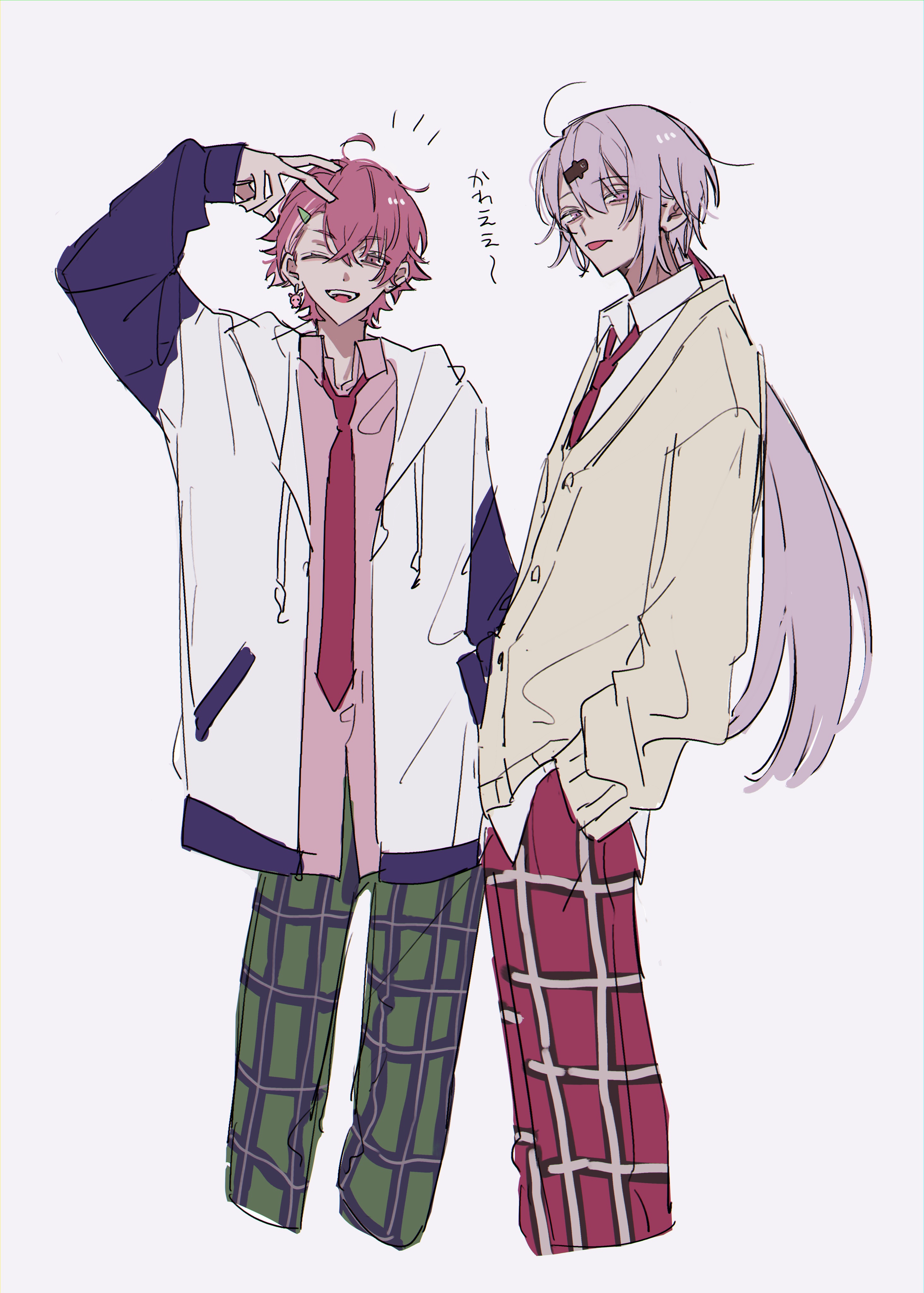 kesiks0616, sasaki saku, shiina yuika, nijisanji, absurdres, highres, 2boys, ^ ^, arm up, brown cardigan, cardigan, closed eyes, collared shirt, cropped legs, drawstring, genderswap, genderswap (ftm), hair between eyes, hair ornament, jacket, long hair, long sleeves, low ponytail, male focus, multiple boys, necktie, pants, pink hair, pink shirt, ponytail, red hair, red necktie, shirt, short hair, simple background, smile, very long hair, virtual youtuber, white background, white shirt