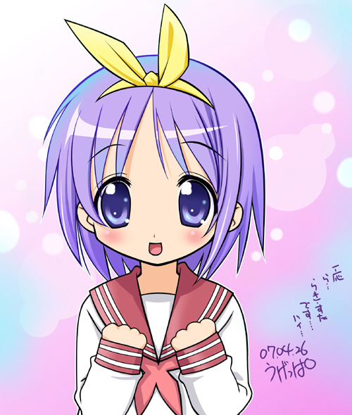 ugeppa, hiiragi tsukasa, lucky star, 00s, 1girl, :d, blue eyes, blue hair, bow, clenched hands, female focus, hair bow, hairband, looking at viewer, matching hair/eyes, neckerchief, open mouth, pink hair, school uniform, serafuku, short hair, smile, solo, text focus, upper body