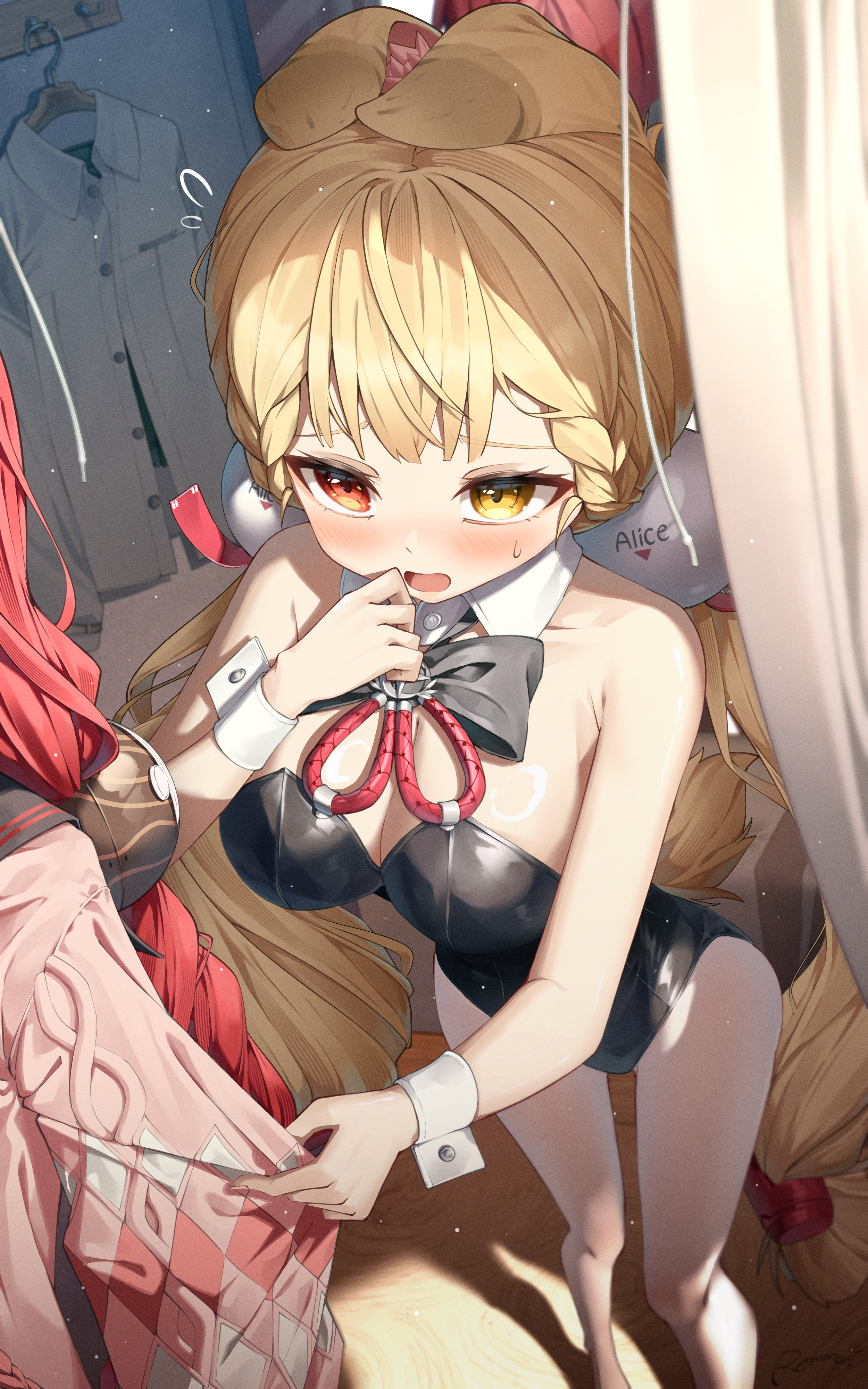 maeru, alice thymefield, ukinami yuzuha, zenless zone zero, absurdres, highres, 2girls, alternate costume, animal ears, black bow, black bowtie, black leotard, blonde hair, blush, bow, bowtie, breasts, cardigan, detached collar, flying sweatdrops, foreshortening, from above, heterochromia, large breasts, leotard, light particles, multiple girls, pink cardigan, pulling another's clothes, rabbit ears, rabbit girl, rabbit tail, red eyes, red hair, solo focus, sphere hair ornament, strapless, strapless leotard, tail, twintails, yellow eyes
