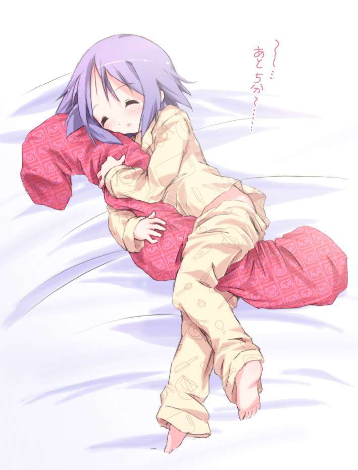 kuroba u, hiiragi tsukasa, lucky star, translated, 00s, 1girl, barefoot, blue eyes, blue hair, blush, closed eyes, dakimakura (medium), dakimakura (object), feet, female focus, matching hair/eyes, pajamas, pillow, sleeping, soles, solo, text focus, toes