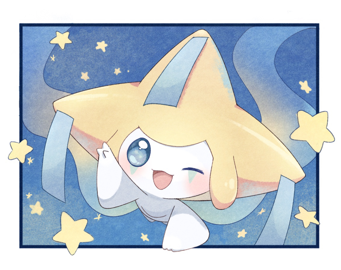 appyon (archangel ayp), jirachi, nintendo, pokemon, commentary request, 1other, border, closed eyes, colored skin, gen 3 pokemon, legendary pokemon, mythical pokemon, open mouth, other focus, pokemon (creature), star (symbol), third eye, third eye on chest, white border, white skin