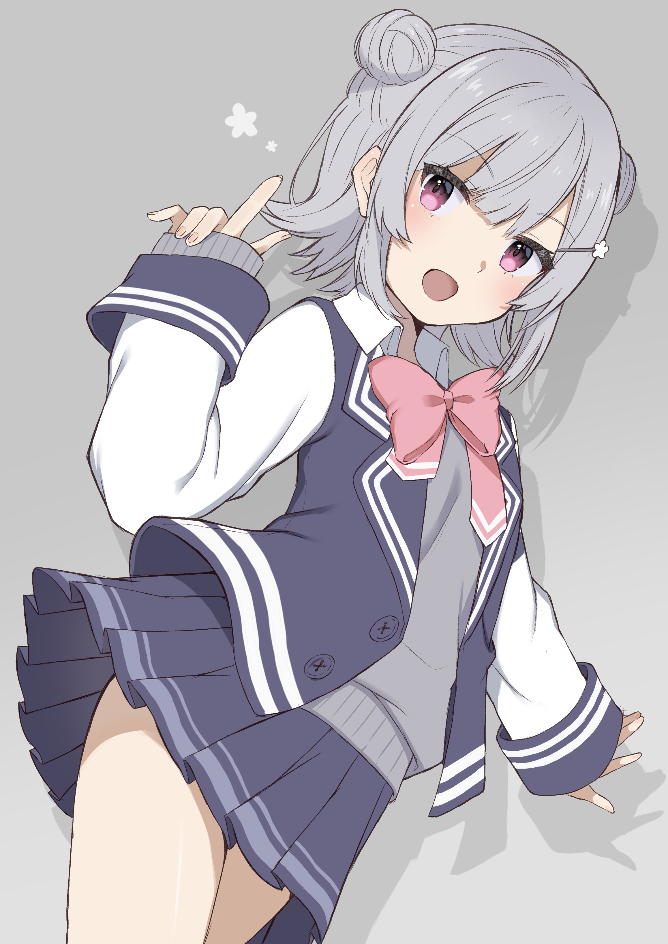 younashi 346, koharu rikka, cevio, synthesizer v, absurdres, highres, 1girl, bow, double bun, grey hair, hair bun, hair ornament, hairclip, jacket, shirt, short hair, skirt, smile