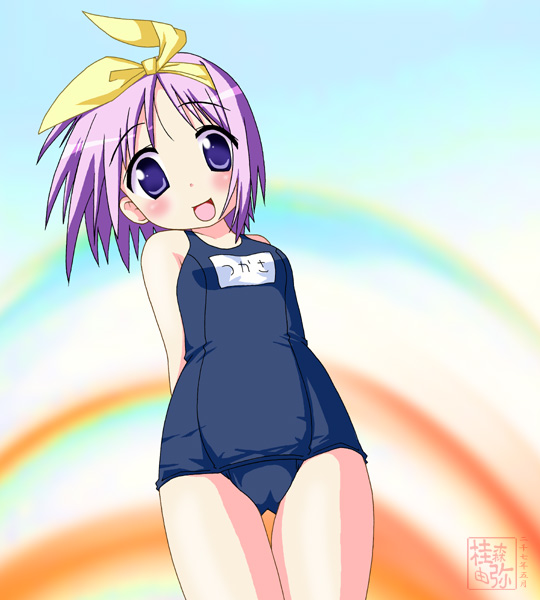 hiiragi tsukasa, lucky star, 00s, 1girl, blue eyes, blue hair, dated, female focus, matching hair/eyes, name tag, one-piece swimsuit, school swimsuit, solo, swimsuit