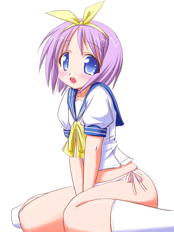 hirorin, nekono matatabi, hiiragi tsukasa, lucky star, 00s, 1girl, blue eyes, blue hair, female focus, matching hair/eyes, panties, school uniform, serafuku, side-tie panties, solo, underwear