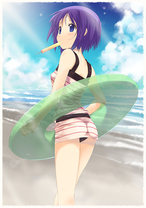 mizuki makoto, hiiragi tsukasa, lucky star, 00s, 1girl, beach, blue eyes, blue hair, cloud, day, female focus, food, innertube, outdoors, popsicle, purple hair, short hair, sky, solo, swim ring, swimsuit