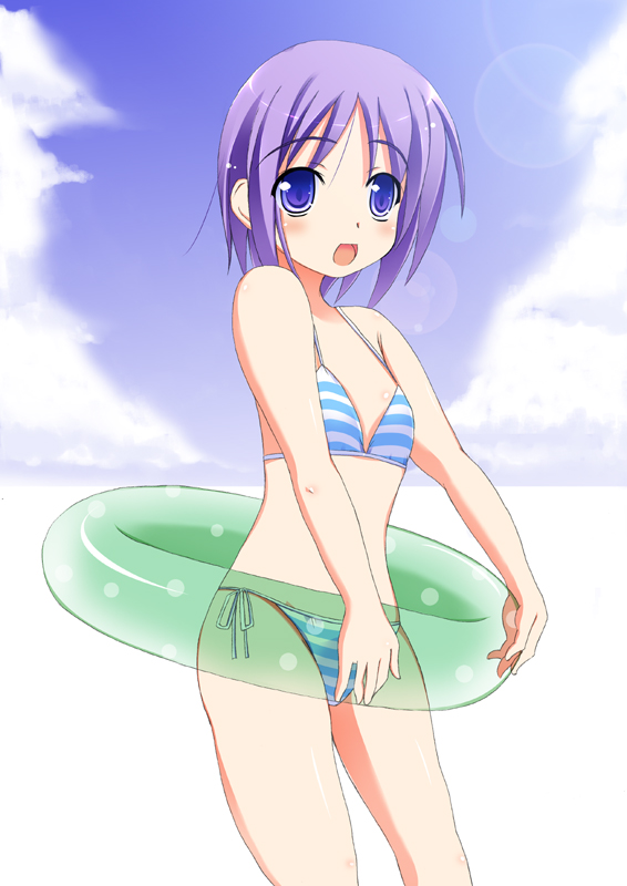 shio, hiiragi tsukasa, lucky star, 00s, 1girl, bikini, blue eyes, blue hair, day, female focus, innertube, matching hair/eyes, purple hair, short hair, side-tie bikini bottom, solo, striped bikini, striped clothes, swim ring, swimsuit