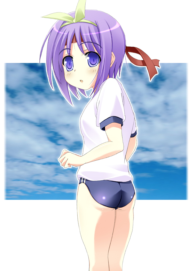 shio, hiiragi tsukasa, lucky star, 00s, 1girl, ass, blue eyes, blue hair, buruma, cloud, cloudy sky, dot nose, female focus, gym uniform, legs, open mouth, sky, solo, standing