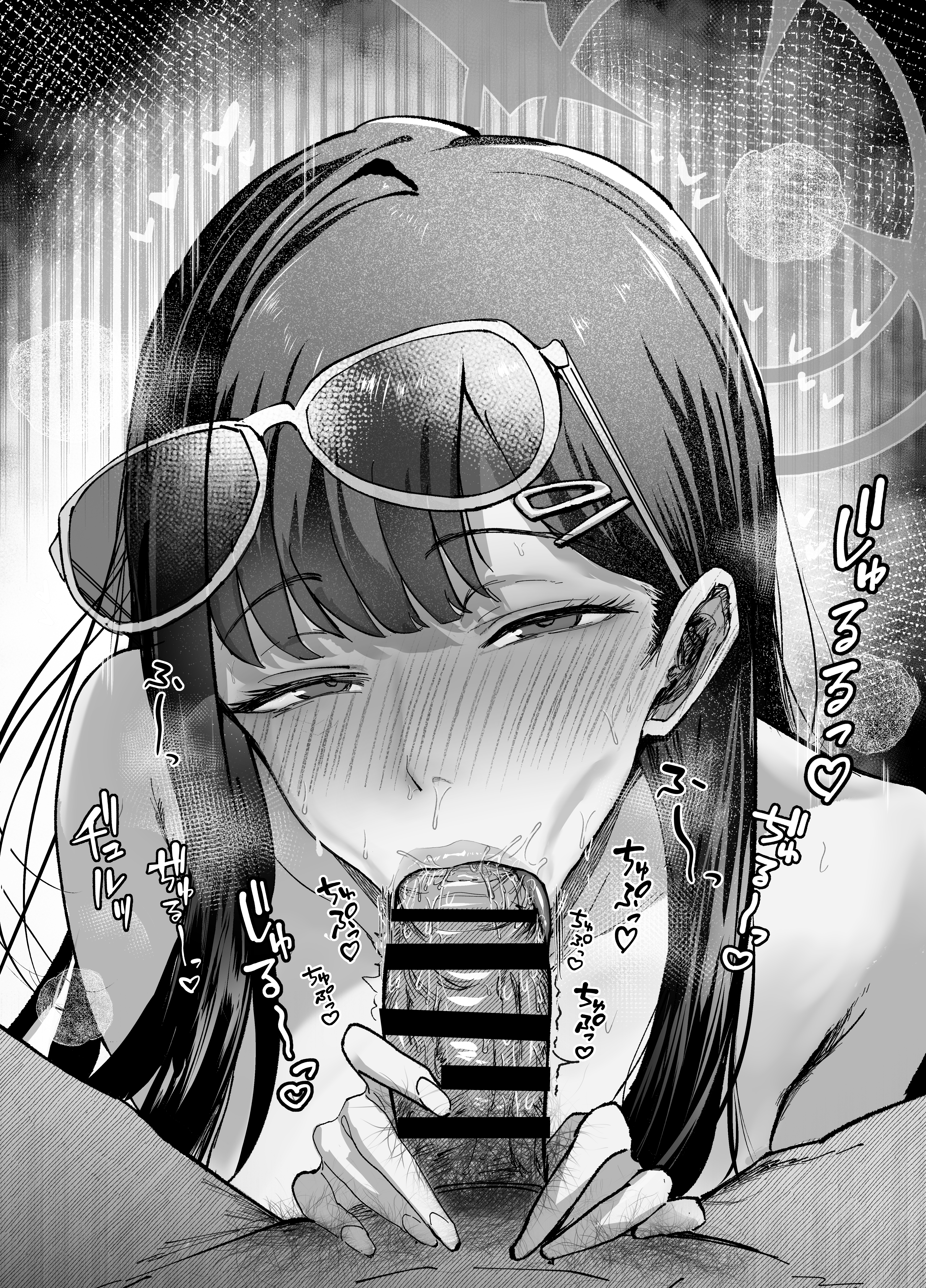 metsu end, rio (blue archive), blue archive, absurdres, highres, translation request, 1boy, 1girl, bar censor, blush, censored, eyewear on head, fellatio, greyscale, halo, hetero, looking at viewer, male pubic hair, monochrome, oral, pov, pubic hair, solo focus, sunglasses