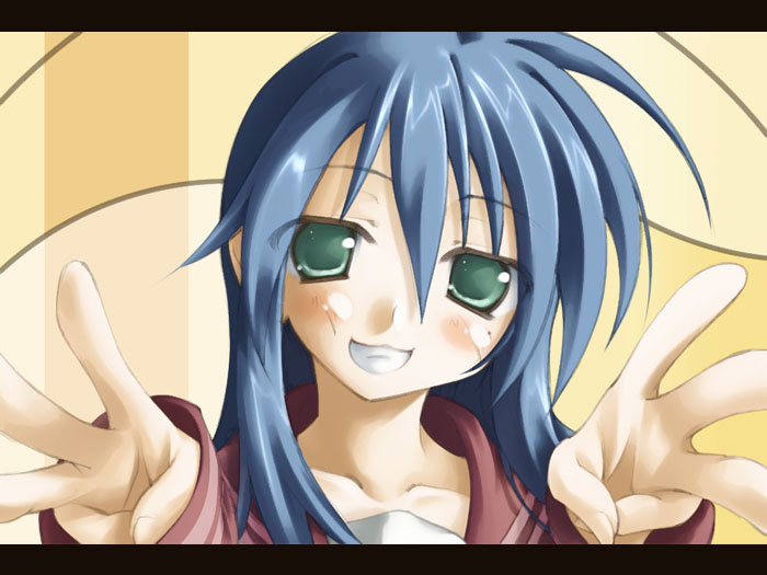 izumi konata, lucky star, 00s, 1girl, blue hair, blush, female focus, green eyes, head tilt, letterboxed, mole, mole under eye, solo