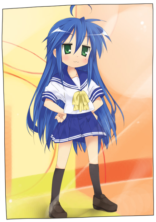 mizuki makoto, izumi konata, lucky star, 00s, 1girl, ahoge, black socks, blue hair, blue sailor collar, blue skirt, bow, bowtie, female focus, full body, green eyes, kneehighs, loafers, long hair, looking at viewer, mole, mole under eye, pleated skirt, puffy short sleeves, puffy sleeves, sailor collar, school uniform, serafuku, shoes, short sleeves, skirt, socks, solo, standing, very long hair, yellow bow, yellow bowtie