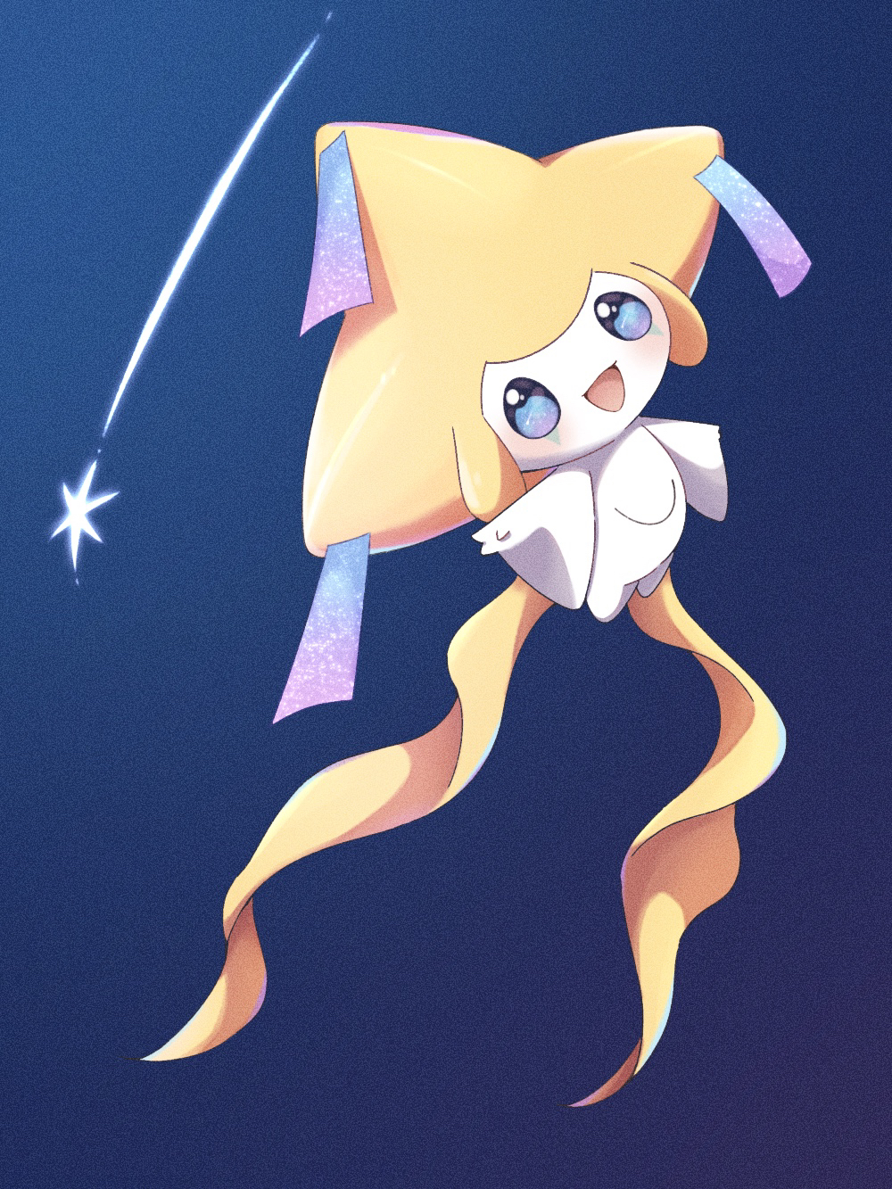 appyon (archangel ayp), jirachi, nintendo, pokemon, commentary request, highres, blue background, blue eyes, full body, gen 3 pokemon, legendary pokemon, looking at viewer, mythical pokemon, no humans, open mouth, pokemon (creature), pokemon focus, shooting star, smile, solo