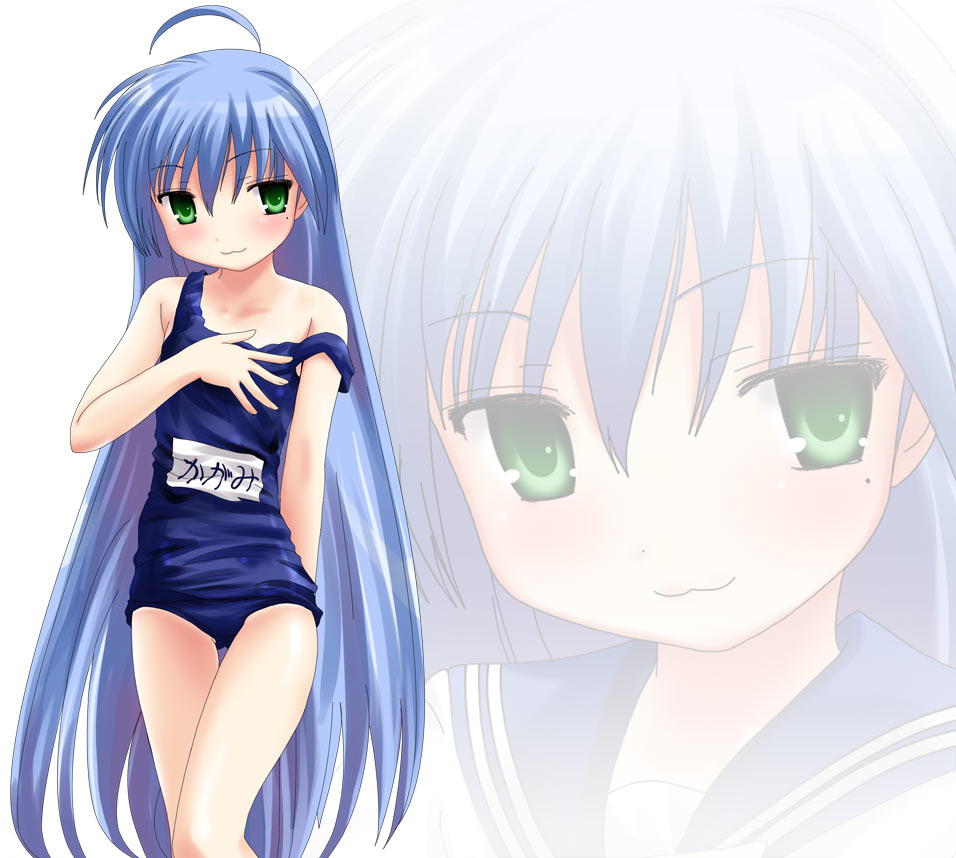 namamo nanase, izumi konata, lucky star, 00s, 1girl, :3, blue hair, female focus, green eyes, long hair, mole, mole under eye, one-piece swimsuit, school swimsuit, solo, swimsuit, zoom layer