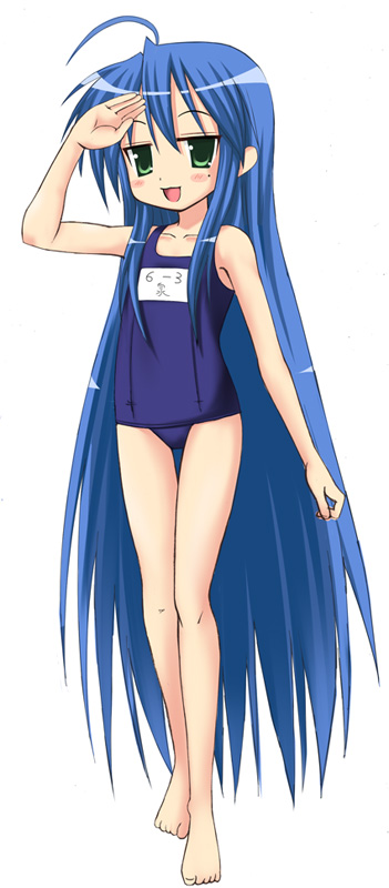 kiriya haruhito, izumi konata, lucky star, 00s, 1girl, ahoge, arm up, barefoot, blue hair, blue one-piece swimsuit, blush, female focus, flat chest, full body, green eyes, long hair, mole, mole under eye, name tag, one-piece swimsuit, school swimsuit, simple background, solo, swimsuit, very long hair, white background