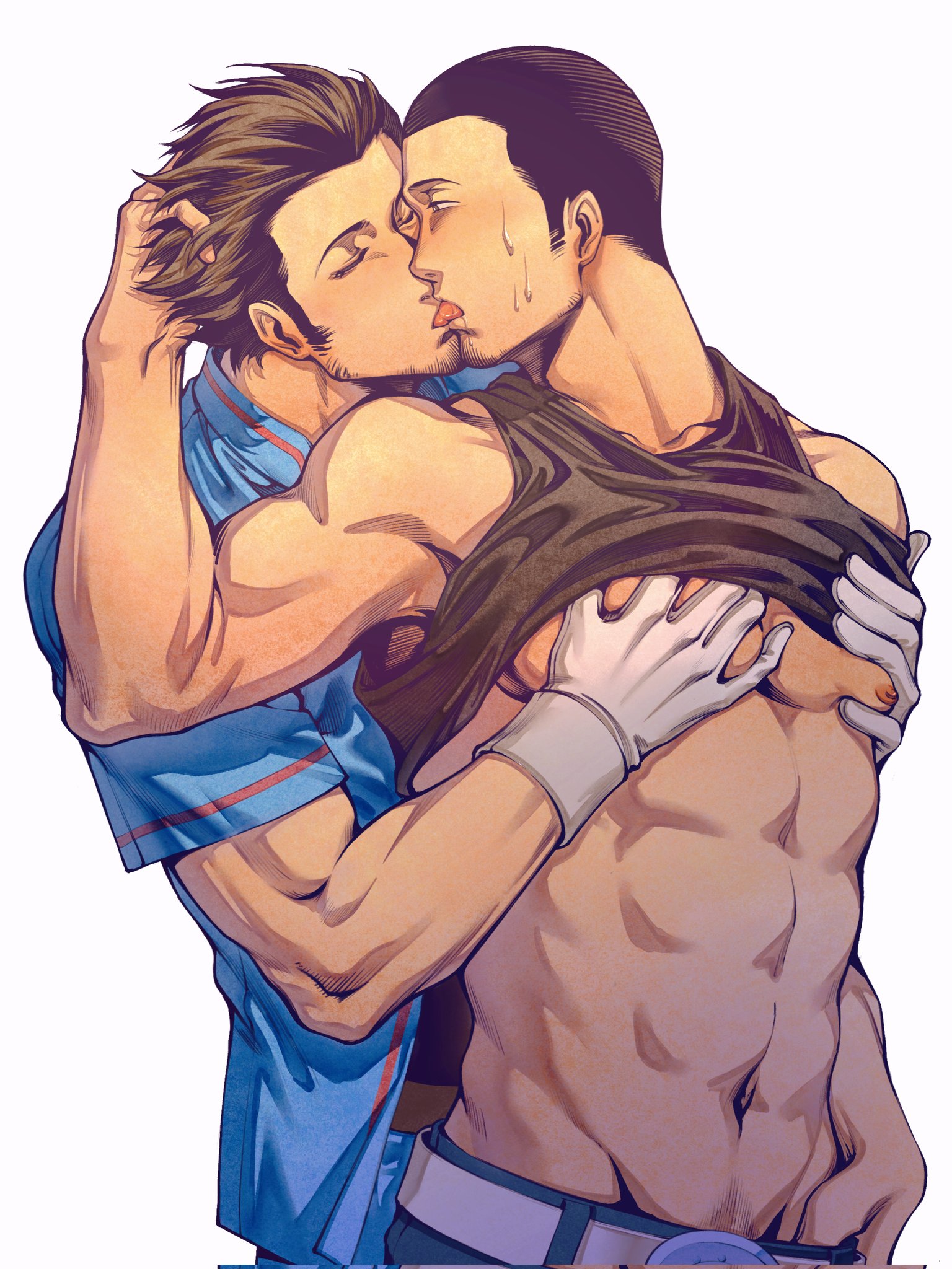 oldkin, iori junpei, persona, persona 3, persona 4: the ultimate in mayonaka arena, corrupted twitter file, highres, 2boys, abs, bara, belt, belt buckle, black hair, black tank top, blue pants, blue shirt, blush, buckle, closed eyes, clothes lift, facial hair, french kiss, gloves, goatee stubble, kiss, looking at another, male focus, multiple boys, muscular, muscular male, nipples, pants, pectoral grab, selfcest, shirt, shirt lift, short hair, simple background, stubble, sweat, tank top, very short hair, white background, white belt, white gloves, yaoi