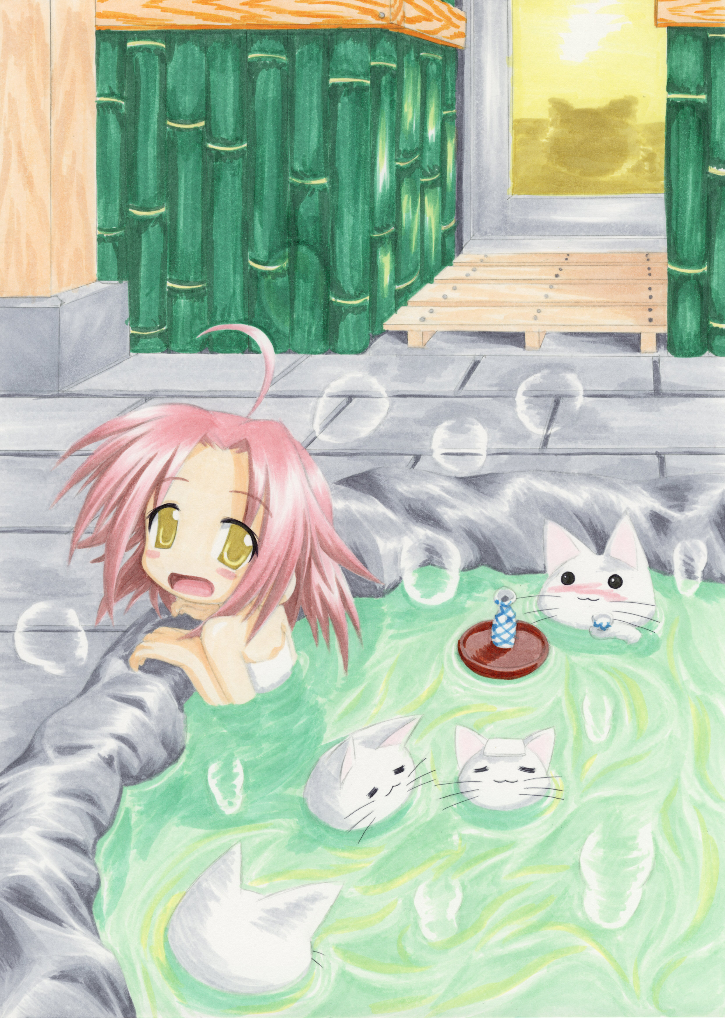 kogami akira, nyamou, yoshimizu kagami (cat), lucky star, absurdres, highres, 00s, ahoge, alcohol, bottle, bubble, cat, cathead, drunk, onsen, pink hair, red hair, sake, solo, tray, yellow eyes