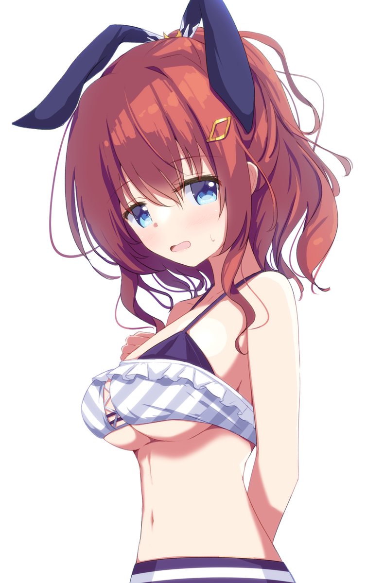 kisuish, meidou hazuki, hatsujou sprinkle, commentary, highres, 1girl, animal ears, arm behind back, bare shoulders, bikini, black bikini, blue eyes, blush, breasts, eyelashes, eyes visible through hair, frilled bikini, frills, hair between eyes, hair ornament, hairclip, half updo, hand up, large breasts, looking at viewer, medium hair, multicolored bikini, navel, open mouth, rabbit ears, red hair, sidelocks, simple background, solo, stomach, striped bikini, striped clothes, sweatdrop, swimsuit, two-tone bikini, underboob, upper body, white background