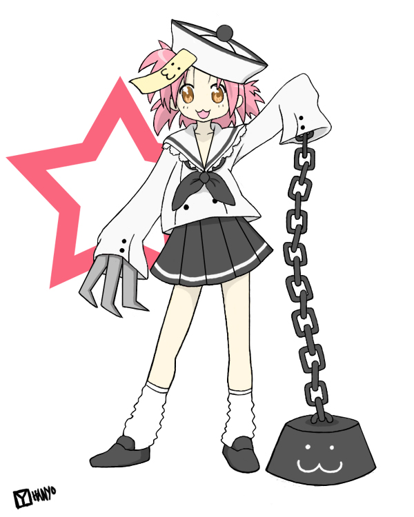 kogami akira, lucky star, tagme, 00s, 1girl, :3, brown eyes, chain, facing viewer, female focus, pink hair, solo, standing, yellow eyes
