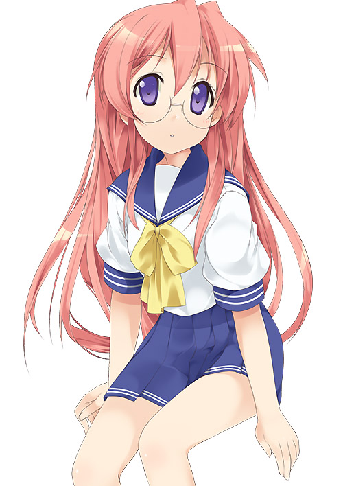 mizuki makoto, takara miyuki, lucky star, 00s, 1girl, blue eyes, blue sailor collar, female focus, glasses, pink hair, sailor collar, school uniform, serafuku, solo