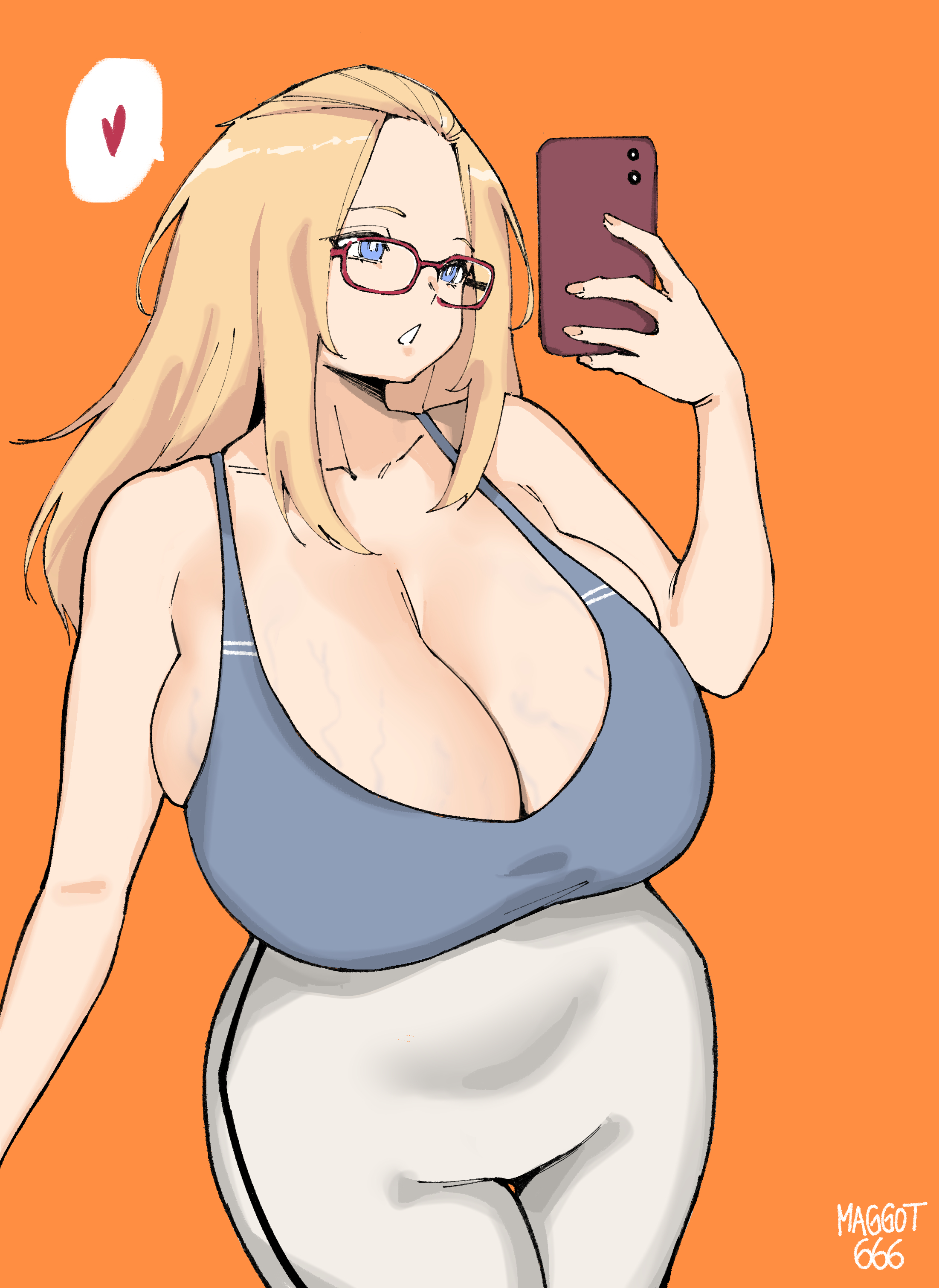 norman maggot, inne sulistya robin, original, absurdres, highres, 1girl, bangs pinned back, breasts, cleavage, glasses, grey sports bra, heart, holding, holding phone, huge breasts, long hair, pants, phone, selfie, spoken heart, sports bra, white pants, yoga pants