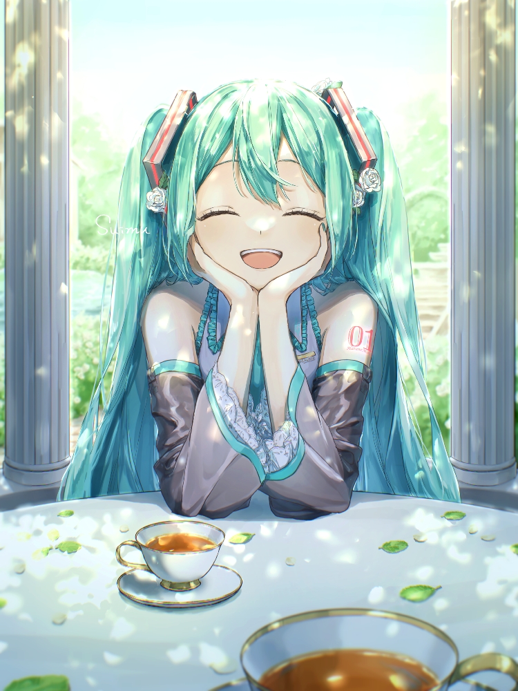 mallow (di fushang), hatsune miku, vocaloid, commentary request, 1girl, :d, bare shoulders, black sleeves, closed eyes, collared shirt, cup, day, detached sleeves, double-parted bangs, facing viewer, green hair, hair between eyes, hands on own face, long hair, long sleeves, number tattoo, open mouth, saucer, shirt, shoulder tattoo, sleeveless, sleeveless shirt, smile, solo, tattoo, tea, teacup, twintails, upper body, very long hair