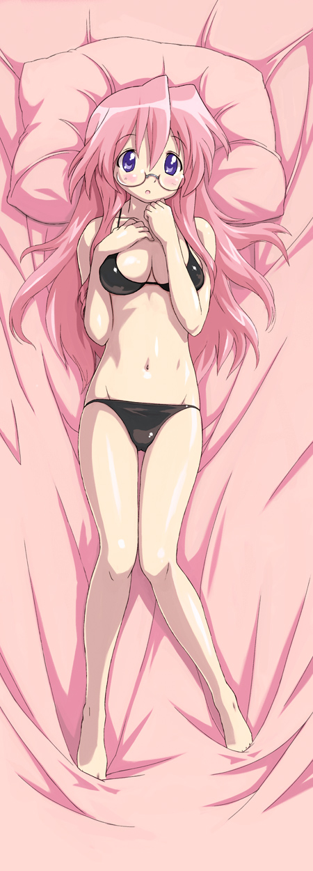 imo works, takara miyuki, lucky star, highres, 00s, 1girl, barefoot, bed, blue eyes, bra, feet, female focus, glasses, lingerie, panties, pink hair, solo, thigh gap, underwear, underwear only