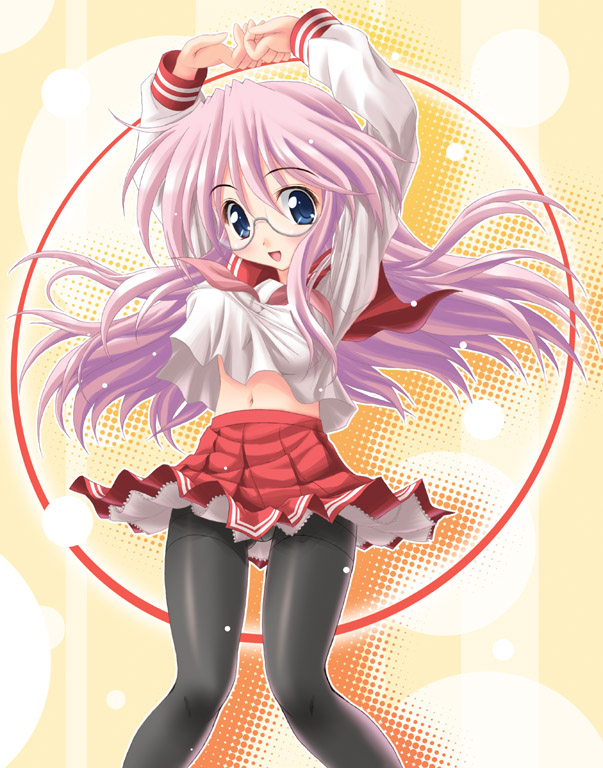 noritama (gozen), takara miyuki, lucky star, 00s, 1girl, blue eyes, crotch seam, female focus, glasses, long hair, midriff, panties, panties under pantyhose, pantyhose, pink hair, school uniform, serafuku, solo, thighband pantyhose, underwear