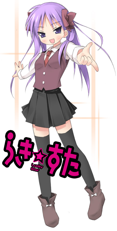 kantoku, hiiragi kagami, lucky star, 00s, 1girl, :d, ankle boots, black skirt, blue eyes, blue hair, boots, bow, breasts, brown boots, buttons, collared shirt, copyright name, female focus, full body, hair bow, long hair, long sleeves, looking at viewer, open mouth, outstretched arm, outstretched arms, pink eyes, pink hair, pleated skirt, pointing, pointing at viewer, purple bow, purple vest, shirt, skirt, small breasts, smile, solo, standing, star (symbol), thighhighs, tsurime, vest, white shirt, wing collar, zettai ryouiki