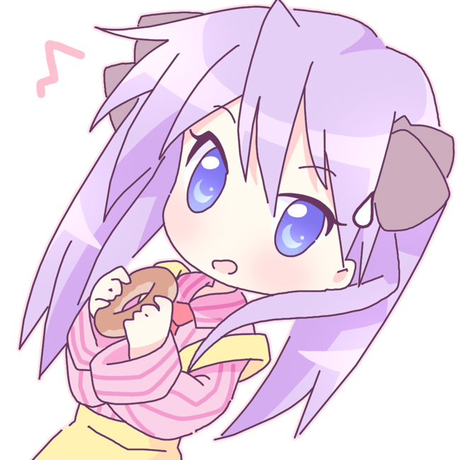 mirai (sugar), hiiragi kagami, lucky star, 00s, 1girl, blue eyes, blue hair, chibi, donut, female focus, food, long hair, matching hair/eyes, no pupils, open mouth, purple hair, simple background, solo, tsurime, white background