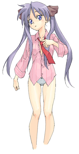 satou atsuki, hiiragi kagami, lucky star, 00s, blouse, blue eyes, blue hair, dress shirt, necktie, no pants, panties, pink shirt, shirt, simple background, solo, square-end necktie, striped clothes, striped shirt, underwear, vertical-striped clothes, vertical-striped shirt, white background