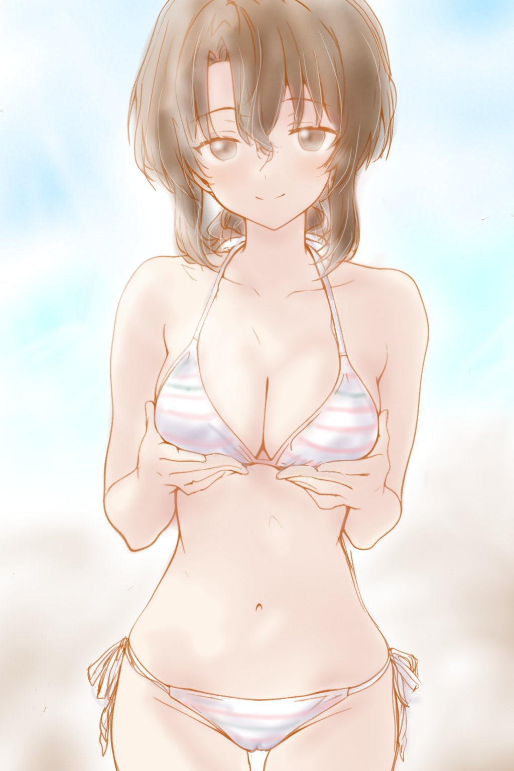 mg☆1/100, maria (hayate no gotoku!), hayate no gotoku!, highres, 1girl, alternate eye color, bare shoulders, beach, black eyes, blush, breasts, brown hair, cameltoe, cleavage, collarbone, day, folded ponytail, large breasts, long hair, midriff, smile, standing, thigh gap